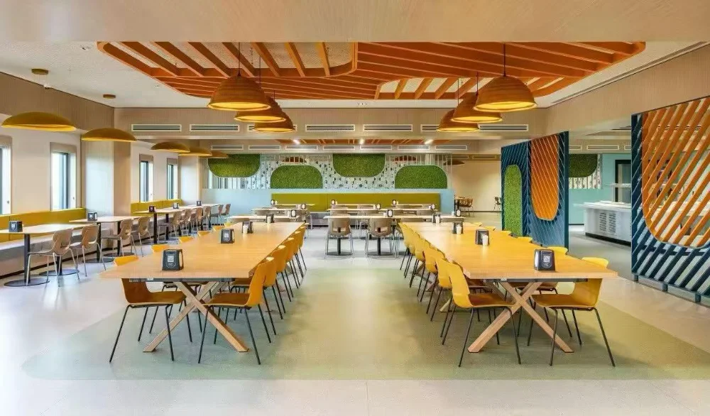 Interior design with decorative acoustic wall treatment for commercial space