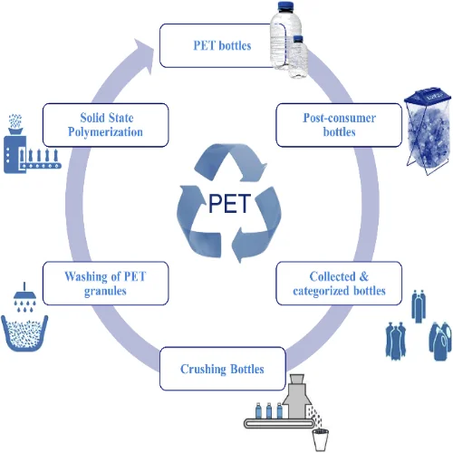 Used PET bottles are collected, sorted, and cleaned to remove impurities