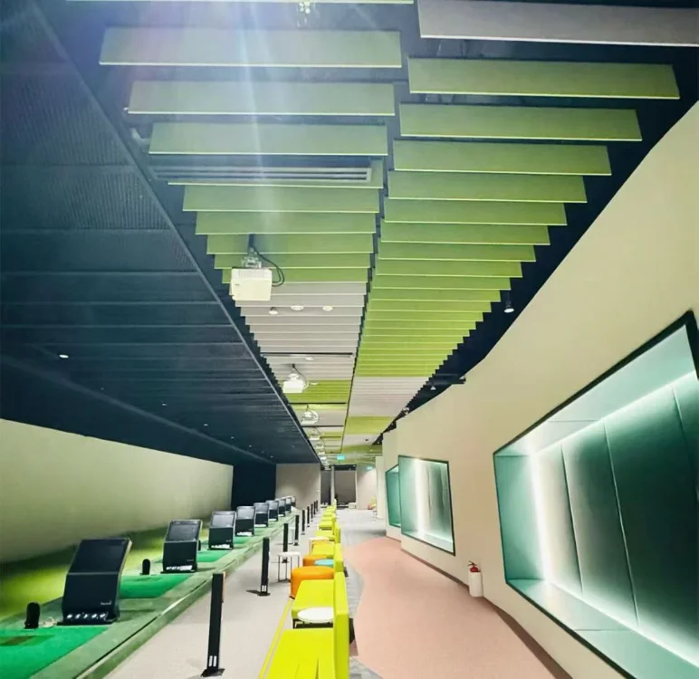 Acoustic ceiling clouds improving sound quality in open-plan workspace