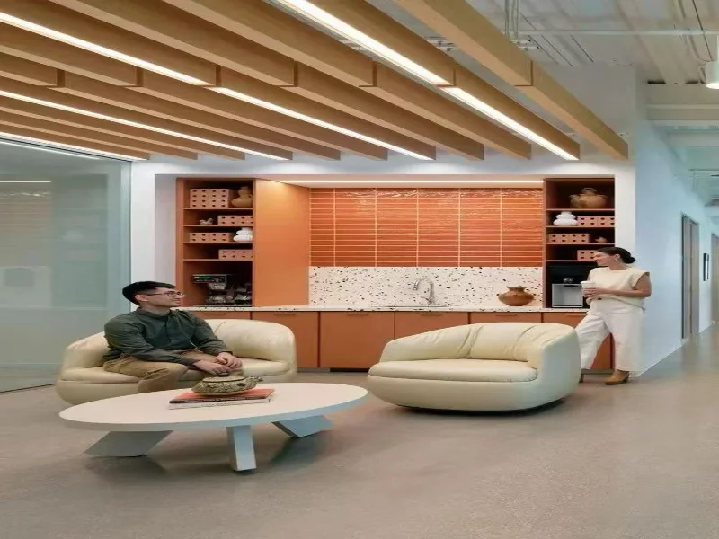 Interior design with decorative acoustic wall treatment for commercial space