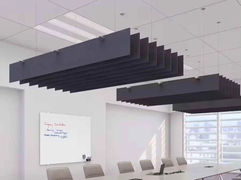 Qianqiao Felt acoustic ceiling baffles suspended in an open office space to reduce echo and improve acoustic performance.