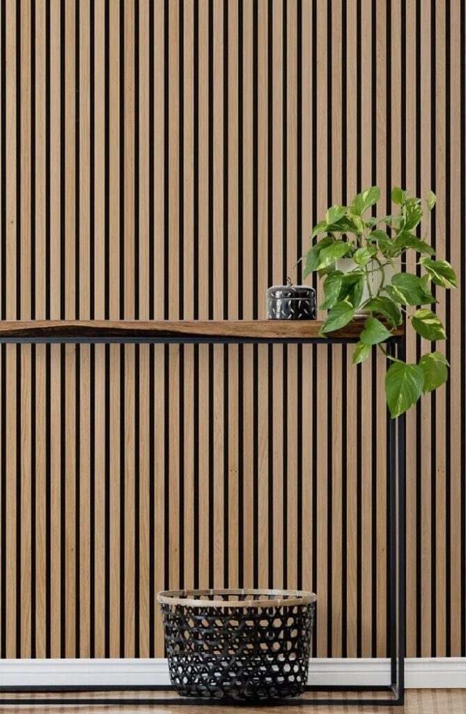 Natural Oak Wood Slat Acoustic Panels Installed on Feature Wall