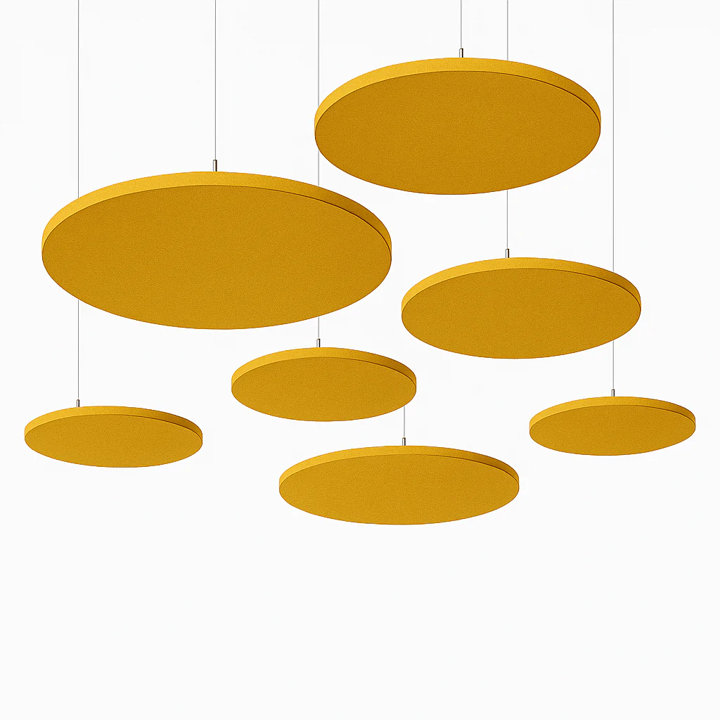 Circular PET Acoustic Ceiling Cloud suspended in modern office ceiling