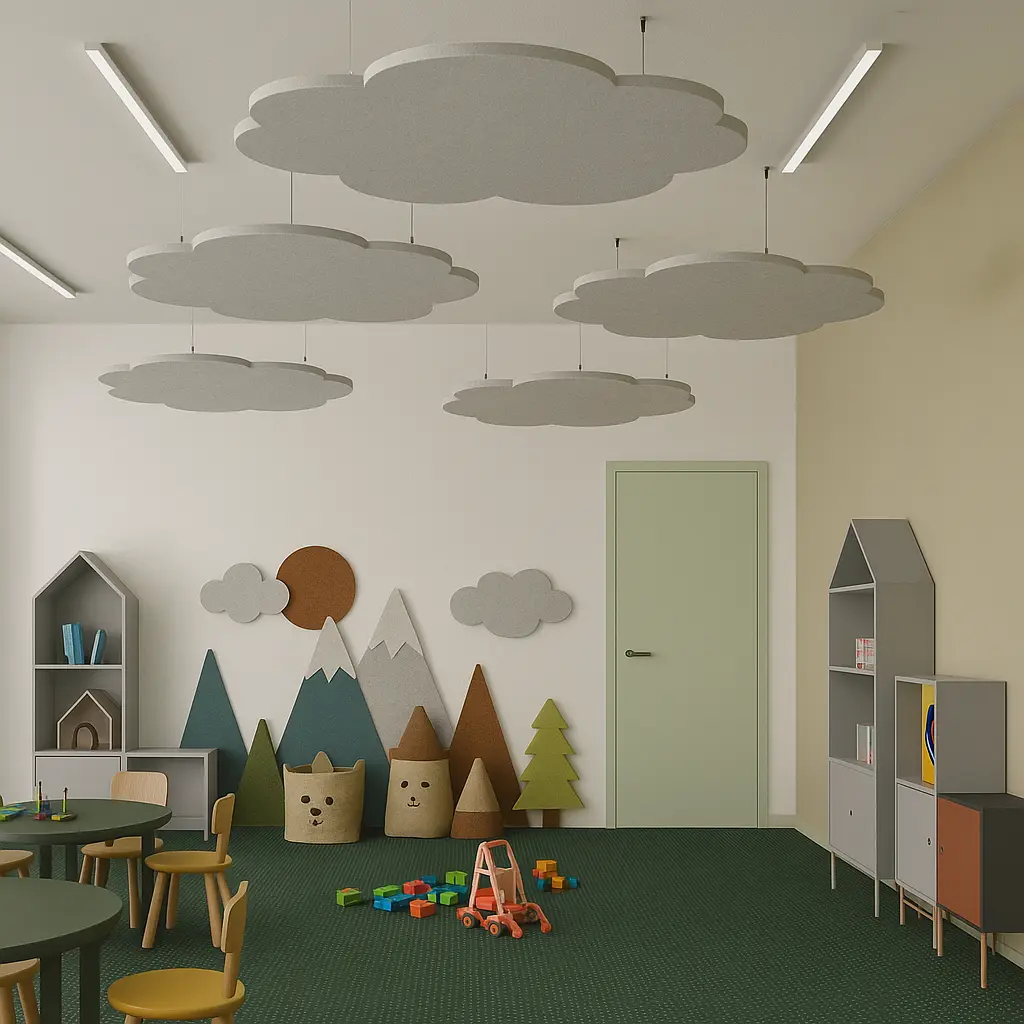 Decorative cloud-shaped acoustic ceiling panel for education facility