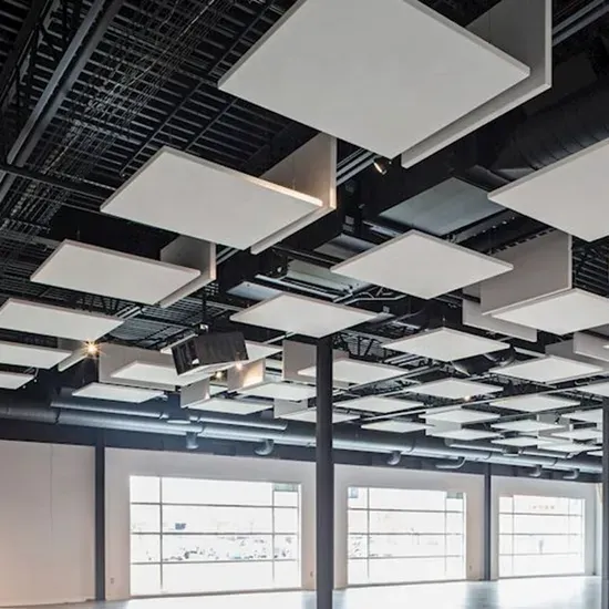 Rectangular PET acoustic ceiling cloud installation in conference room